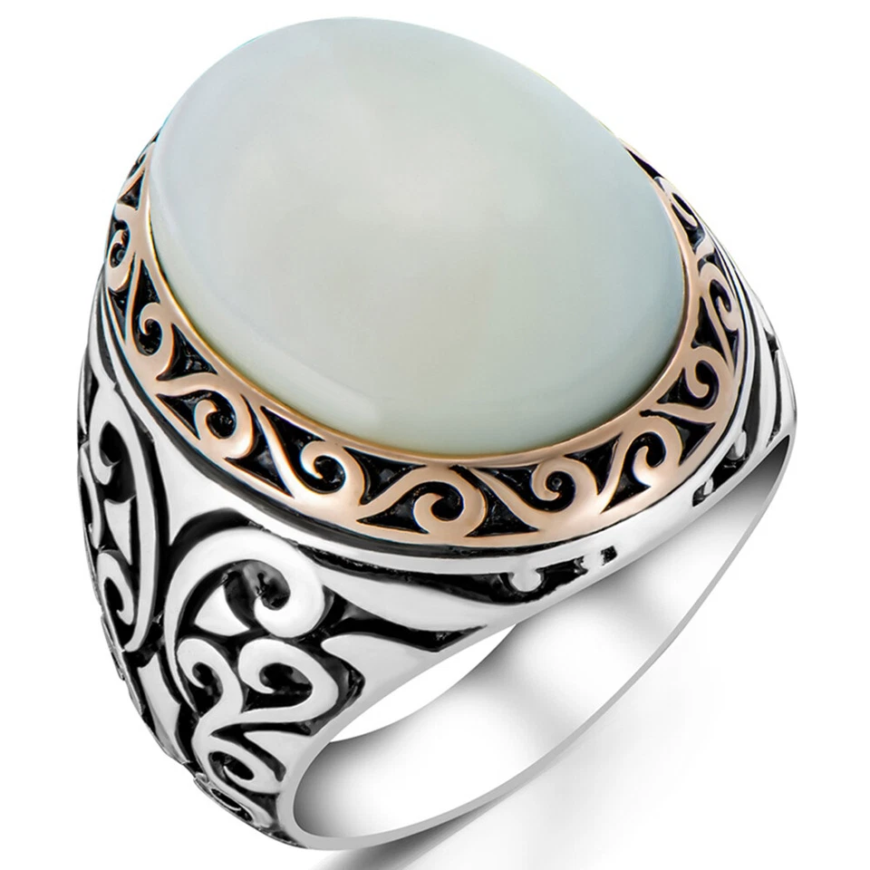 Massiver 925 Sterling Silber Perlmutt Stein Herren Ring - Bild 2 von 4