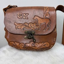Vintage Hand Tooled Leather Horses Horse Western Initials GK Purse Handbag