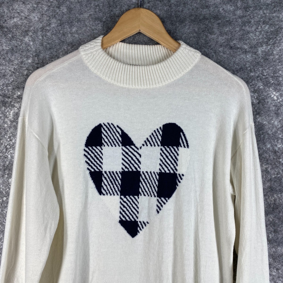 Talbots Sweater Women Medium Off White Dark Blue Plaid Heart Crew