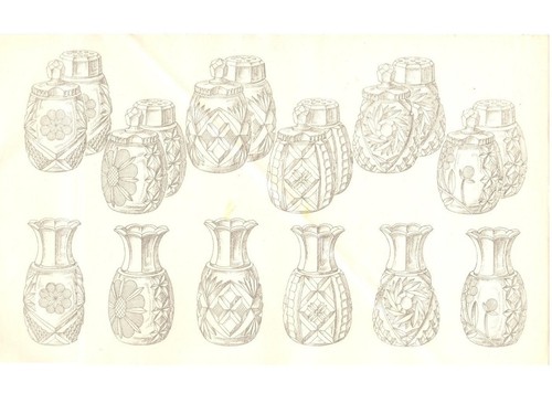 Original 1930's line drawing design print Czech cut crystal glass condiment sets