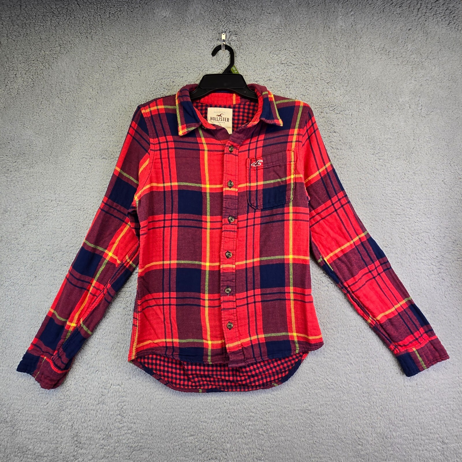 Hollister Flannel Shirt Women’s Large Red Blue Plaid Long Sleeve Button Up-image