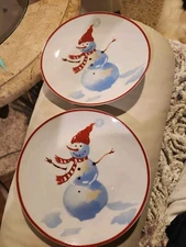 Over and Back Set Of 2 Snowman Salad Plates 8" Porcelain  Christmas