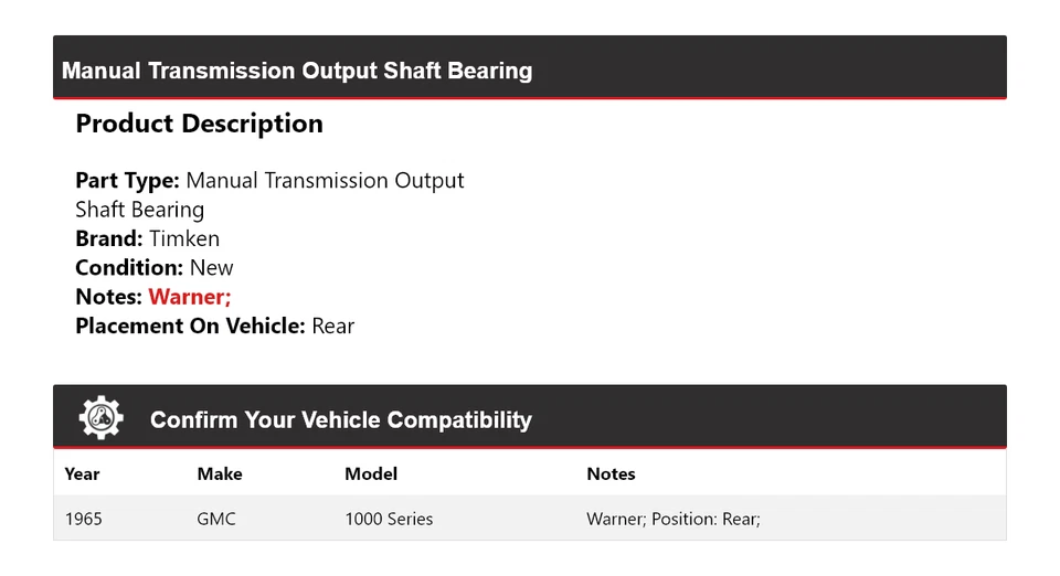For 1965 GMC 1000 Series Manual Transmission Output Shaft Bearing Rear Timken - Image 2 of 4