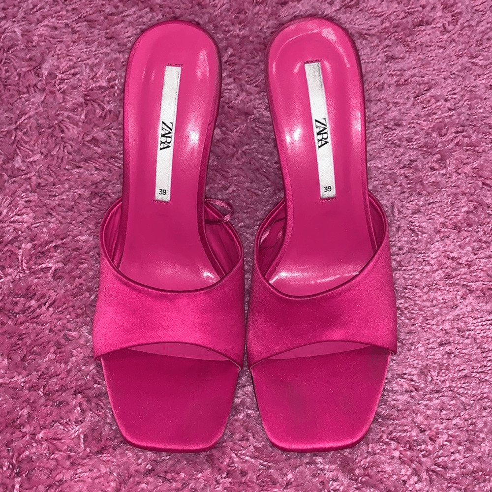 Zara Pink Satin Heeled Methacrylate Mule Sandals Gem