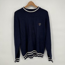 VINTAGE Isle Of Cotton Sweater Mens Medium Blue Embroidered Sailing Made In USA