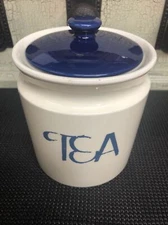Vintage Ceramic Tea Canister Blue White Retro Letters