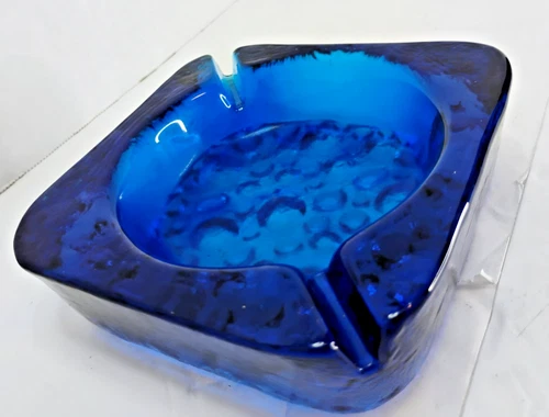 Vintage Blenko Blue Controlled Bubble Ashtray – Square 2-Slot – MCM Art Glass –