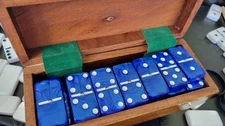 Domino Double Six 6 Blue Marbleized Pro Size Spinners Sheesham Wood Box