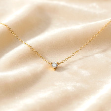 5MM Three Prong Diamond Necklace, 14k SolidYellow Gold Diamond Layering Necklace