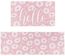Spring Kitchen Rugs Set of 2 Daisy Flower Door Mat White Floral Non Slip Pink