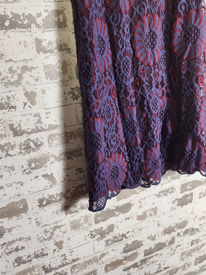 J. Crew Shift Dress Size 8 Blue Red Floral Lace Overlay Party Festive Romantic - Image 4 of 4