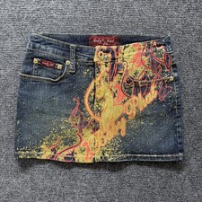 Baby Phat Skirt Juniors 29 Blue Denim Mini Cat Logo Glitter Graphic Low Rise Y2K