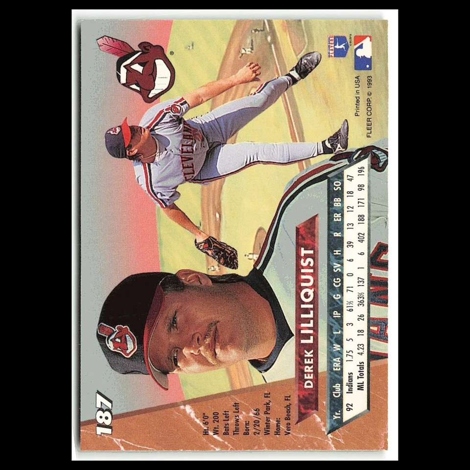 Derek Lilliquist #187 1993 Fleer Ultra Cleveland Indians Baseball Card MLB NM - Image 2 of 3
