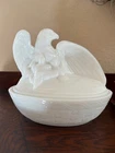 Vintage Westmoreland Milk Glass Eagle on Nest & Eaglets Covered Dish
