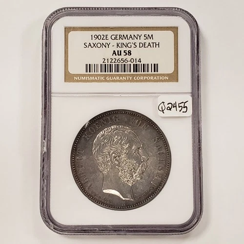 1902-E German States Saxony Albertine 5 Mark .8037 oz ASW - NGC AU 58 - Q2455