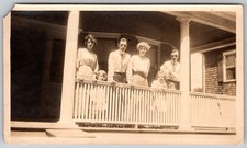 Vtg B&W Snapshot Family Group Portrait Porch Railing Columns House 1910s