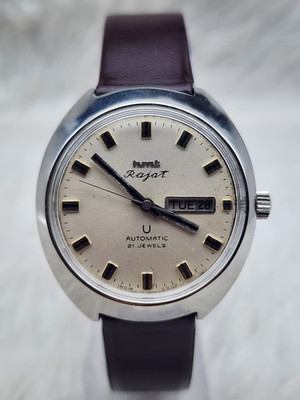Vintage HMT Rajat Automatic 21 Jewels Day Date Men's Watch India Cushion Case