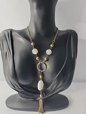 Vintage Gold Tone Tassel Necklace White Bead Boho Statement Pendant Jewelry