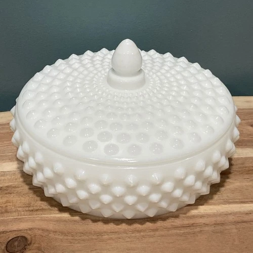 Vintage Fenton Hobnail White Milk Glass Covered Candy Dish 6" Wide 4” T