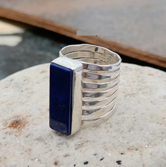 Handcrafted Rectangle Lapis Lazuli Ring: 925 Sterling Silver Ring All Size R345 - Image 3 of 3