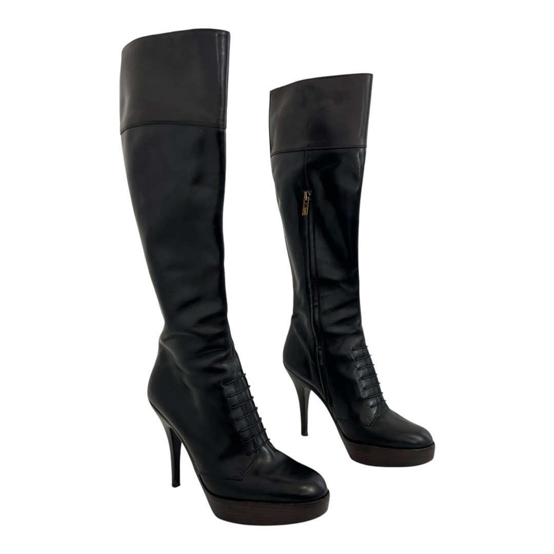 Stivali stiletto YSL Yves Saint Laurent plateau 37 5 pelle nera al ginocchio