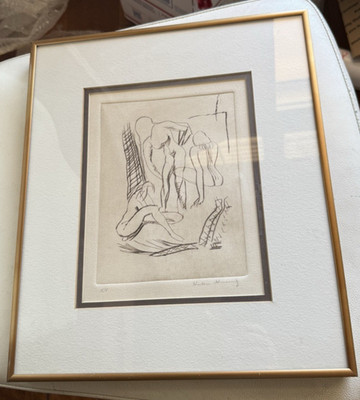 Vintage German expressionist etching - nude women bath, rare 5/5