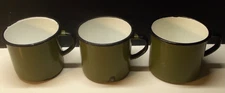 3 Enamelware Olive Green Coffee Mugs with Black Trim Polland