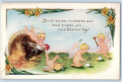 c1910's Easter Fairy Fantasy Holding Chicken Hatched Eggs Chick Posted Postcard