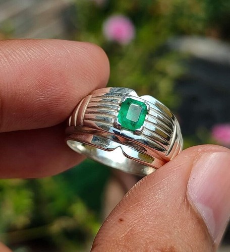 Anillo de plata esterlina 925 con esmeralda verde profundo natural para hombre - Imagen 2 de 2