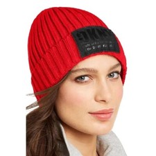DKNY Fleece Lined Knit Beanie Hat Red New One Size