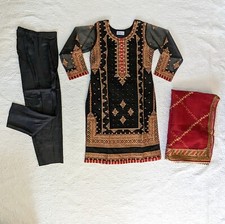 Women's Pakistani Indian 3-Piece Salwar Kameez Outfit, Medium, Black/Red