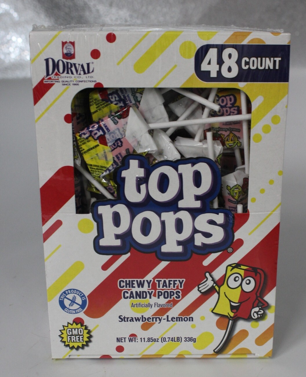 Dorval Top Pops Strawberry Lemon Chewy Flat Taffy Candy Lollipops 48