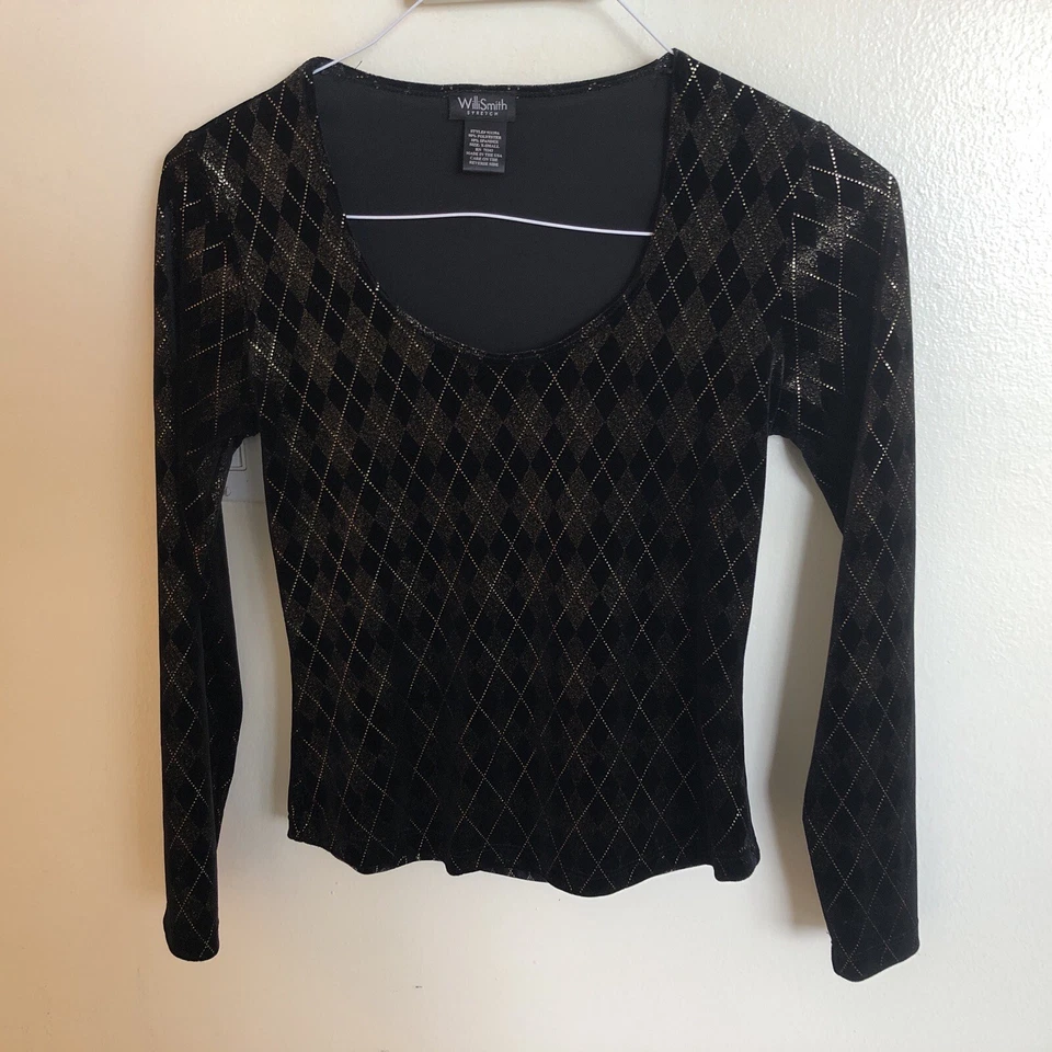 Blusa/top Willi Smith elástico negro/dorado terciopelo rayas manga larga. XS Foto 4 de 4