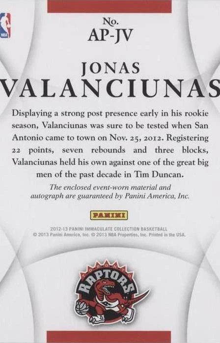 2012-13 Panini Immaculate Collection - Jonas Valanciunas #AP-JV