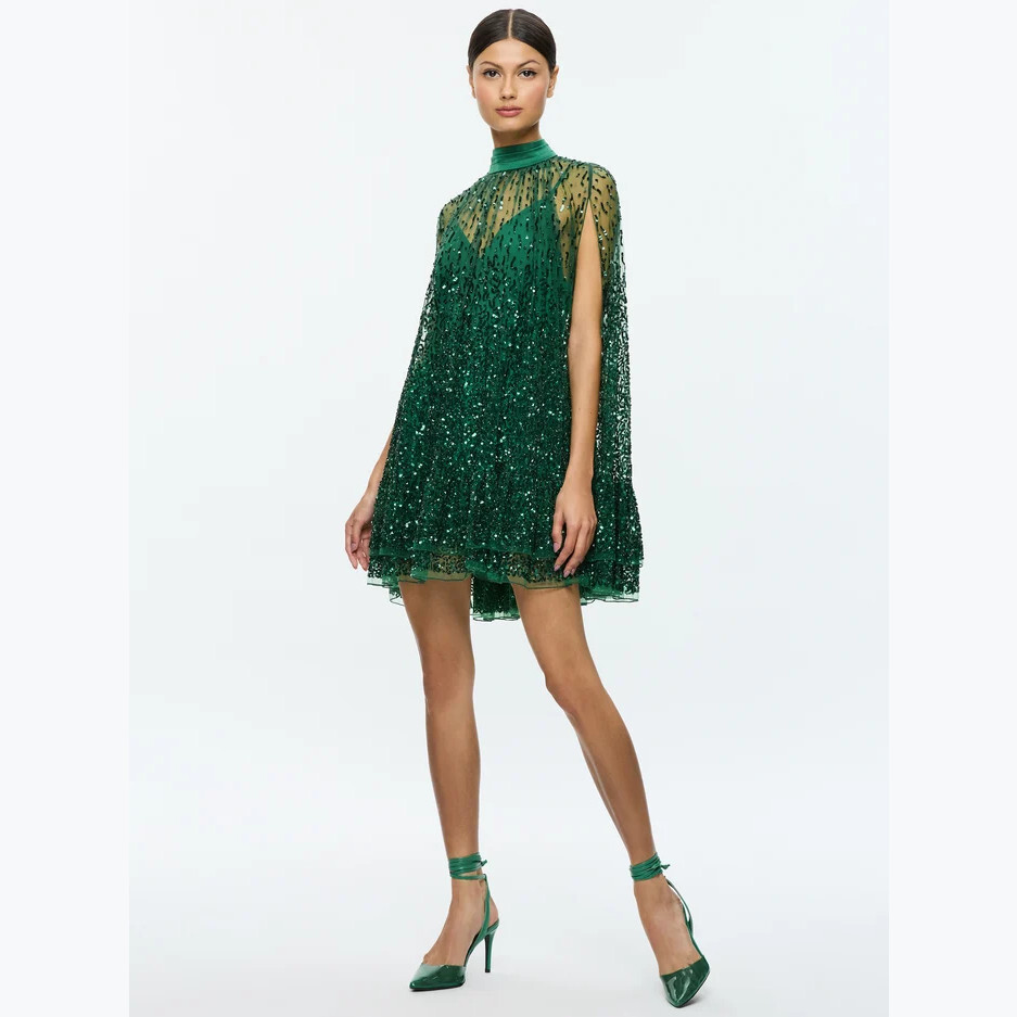zenon cape mini dress ZENON CAPE MINI DRESS in BLACK/SILVER