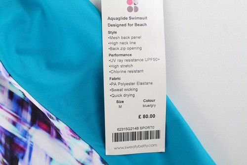 SWEATY BETTY Women Swimsuit M UPF50+ Blue Stretch Printed Aquaglide One-Piece - Picture 8 of 9