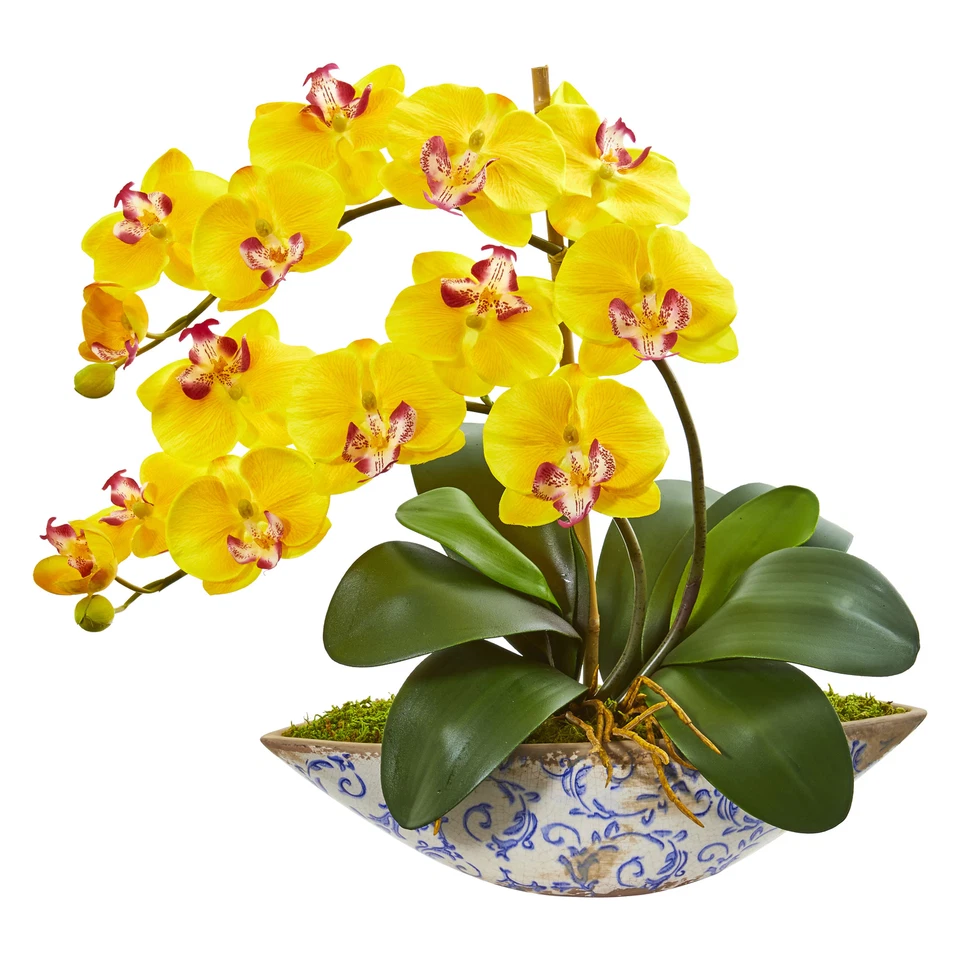 Nearly Natural Phalaenopsis Orchid Artificial Arrangement In Vase Yellow 16" - Image 2 of 2