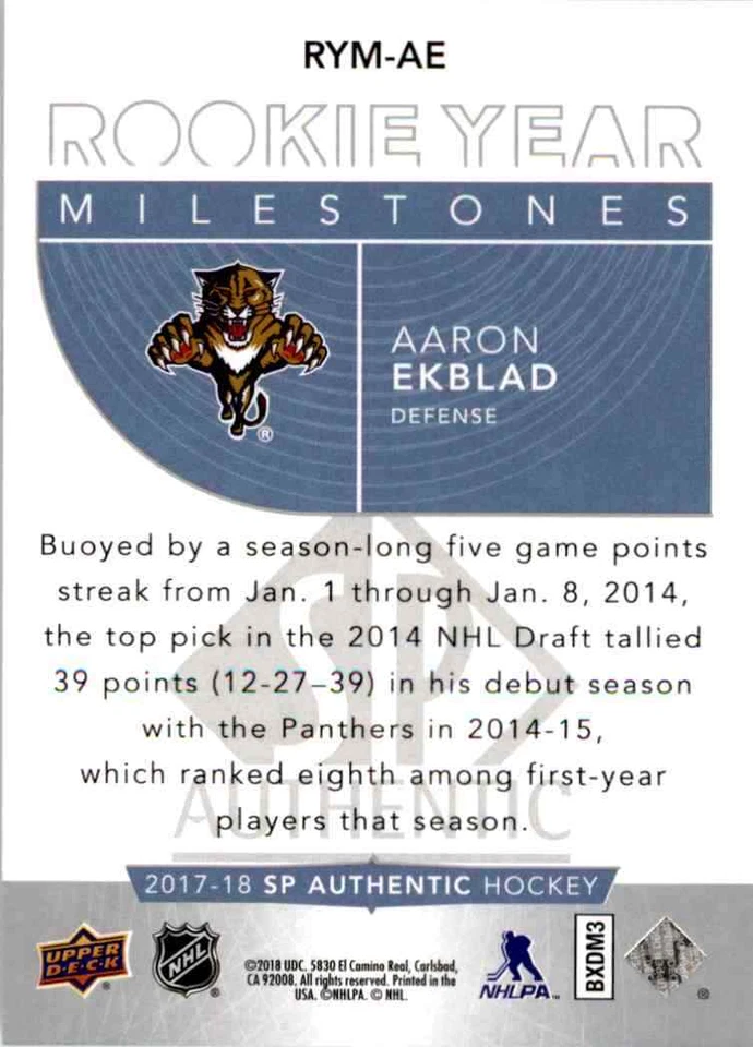 2017-18 Upper Deck SP Authentic rookie year Milestones Aaron Ekblad #RYM-AE - Image 2 of 2