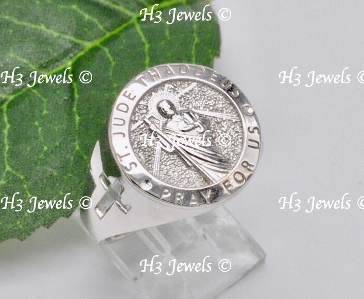 14k solid White gold Saint Jude Thaddeus Pray for us  ring #15167 5.70 grams
