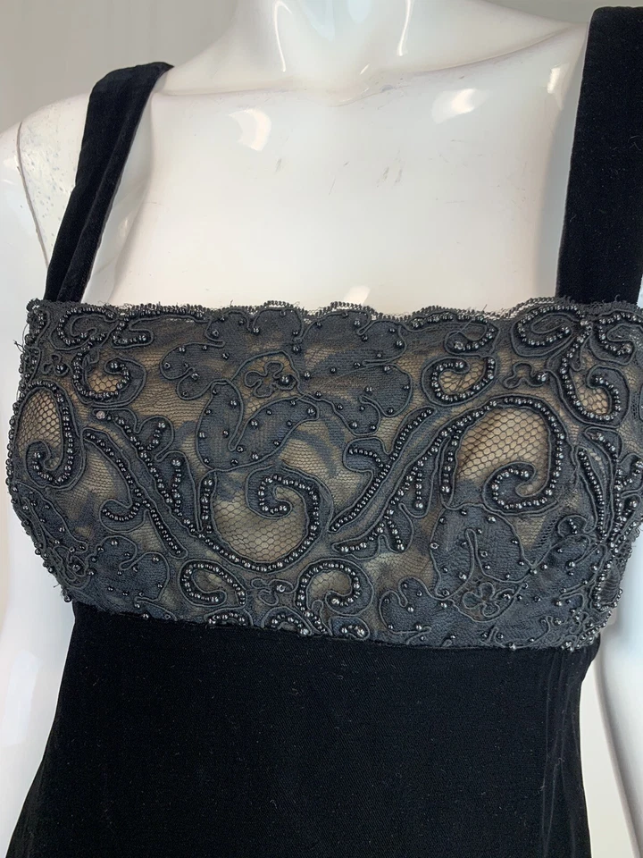 Винтажный 80-х 90-х годов Niteline Della Roufogali 4 черный бархат кружева бисером Shift платье - Изображение 2 из 4