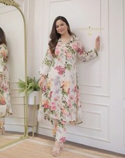 Indian Cord set; Women White Floral Printed Cotton Kurta Pant Set. Casual wear