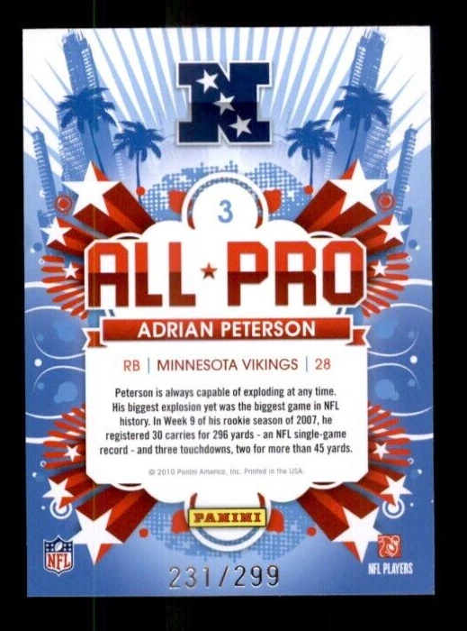 2010 Score All Pro Gold Zone #3 Adrian Peterson 231/299 - Image 2 of 2