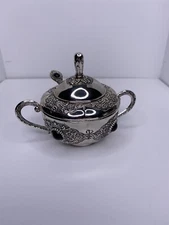 Vintage Silver Plated Rosh Hashana Honey Dish With Black Cabochon Stones