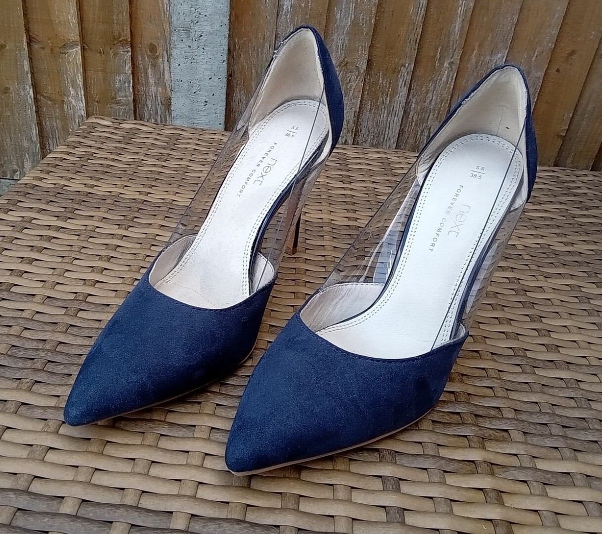 Next Ladies Faux Suede Navy Clear Perspex Court Shoes High Heels