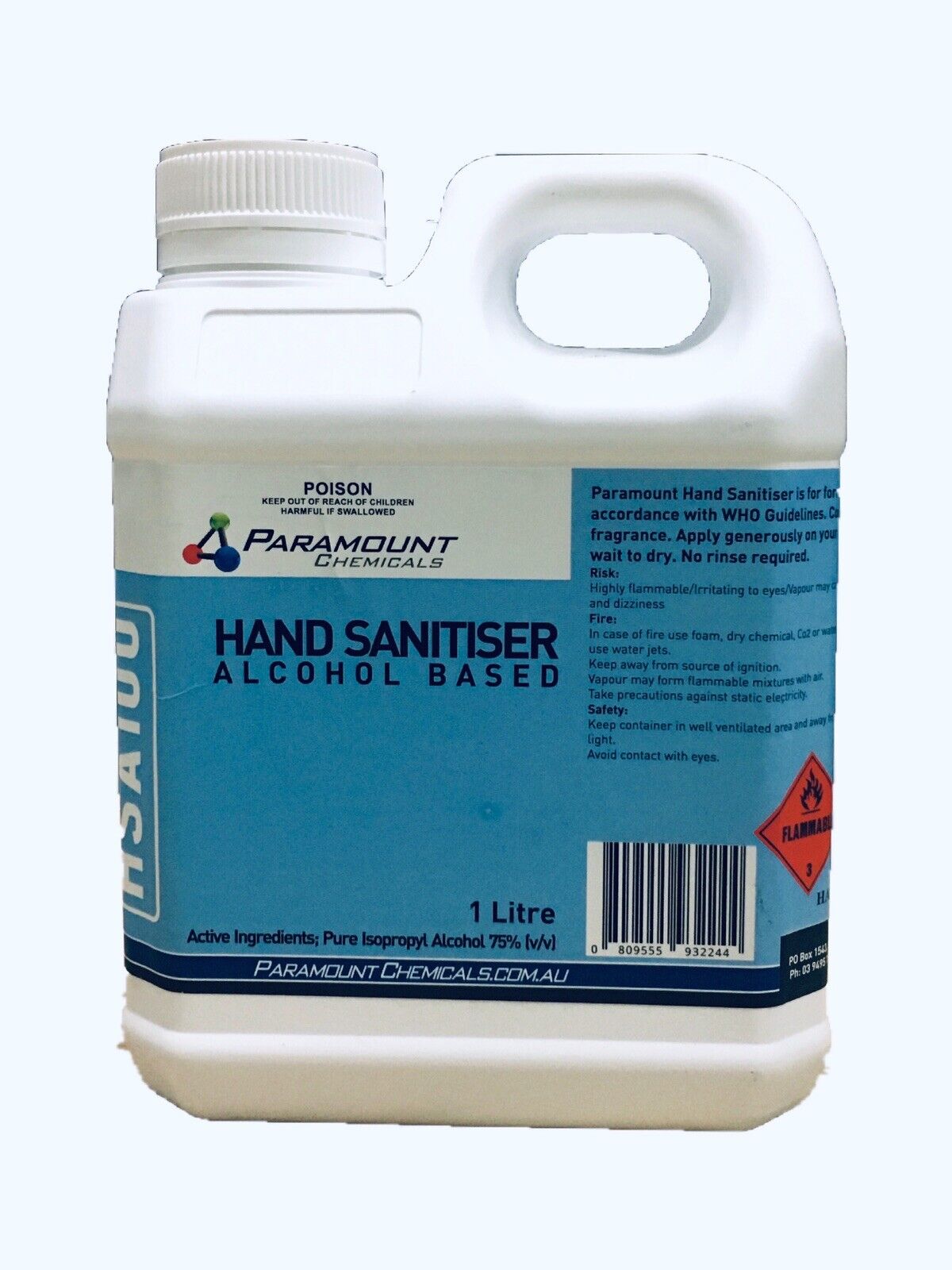 HAND SANITISER 1 Liter 75% Alcohol Based Free Postage AU