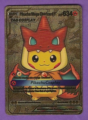 Pikachu Tag Cosplay Mega Charizard Y RARE Gold Foil Pokemon # 002