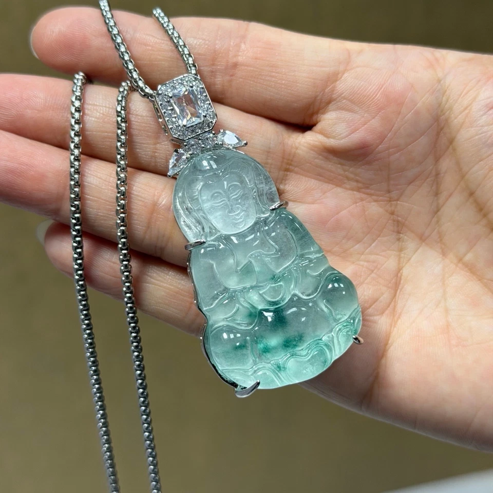 Colgante y collares amuleto guanyin jadeíta verde hielo alto natural real Foto 4 de 4