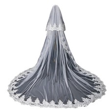 Bride 2Tier Sequins Lace Edge Veils Long Blusher Wedding Cathedral Length Comb