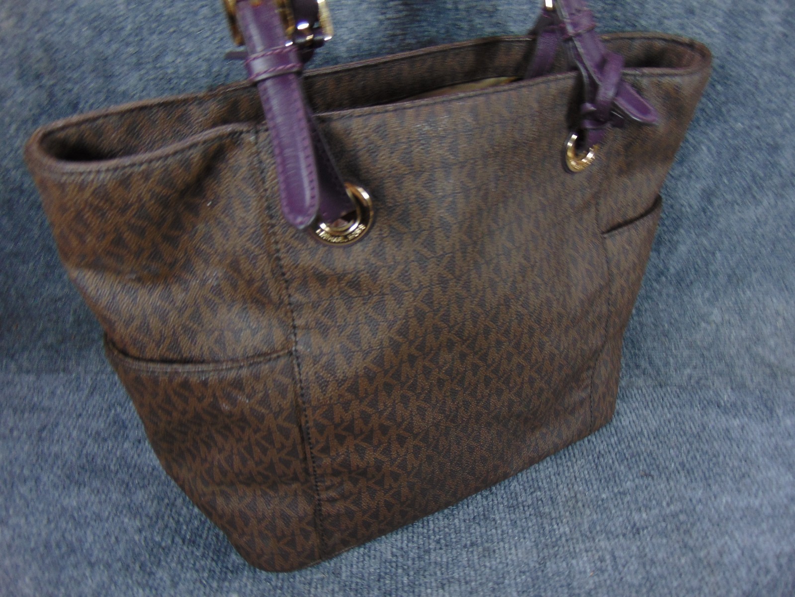 Michael Kors Jet Set Brown Leather Monogram Tote Purse MK Logo Purple Strap