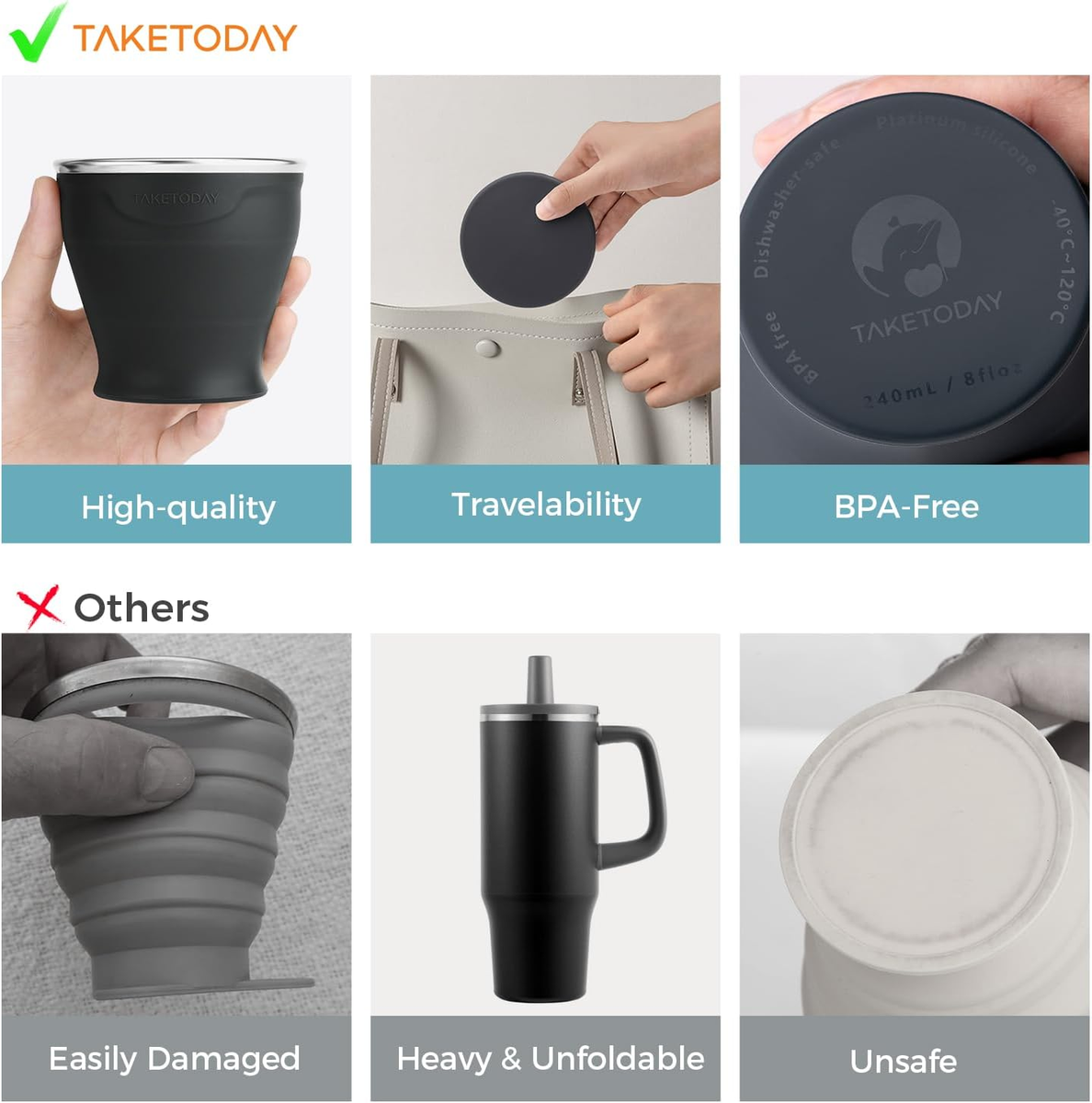 Collapsible Travel Cup 8 Oz - Silicone Foldable Water Cup, Bpa-Free with  Lid & W | eBay